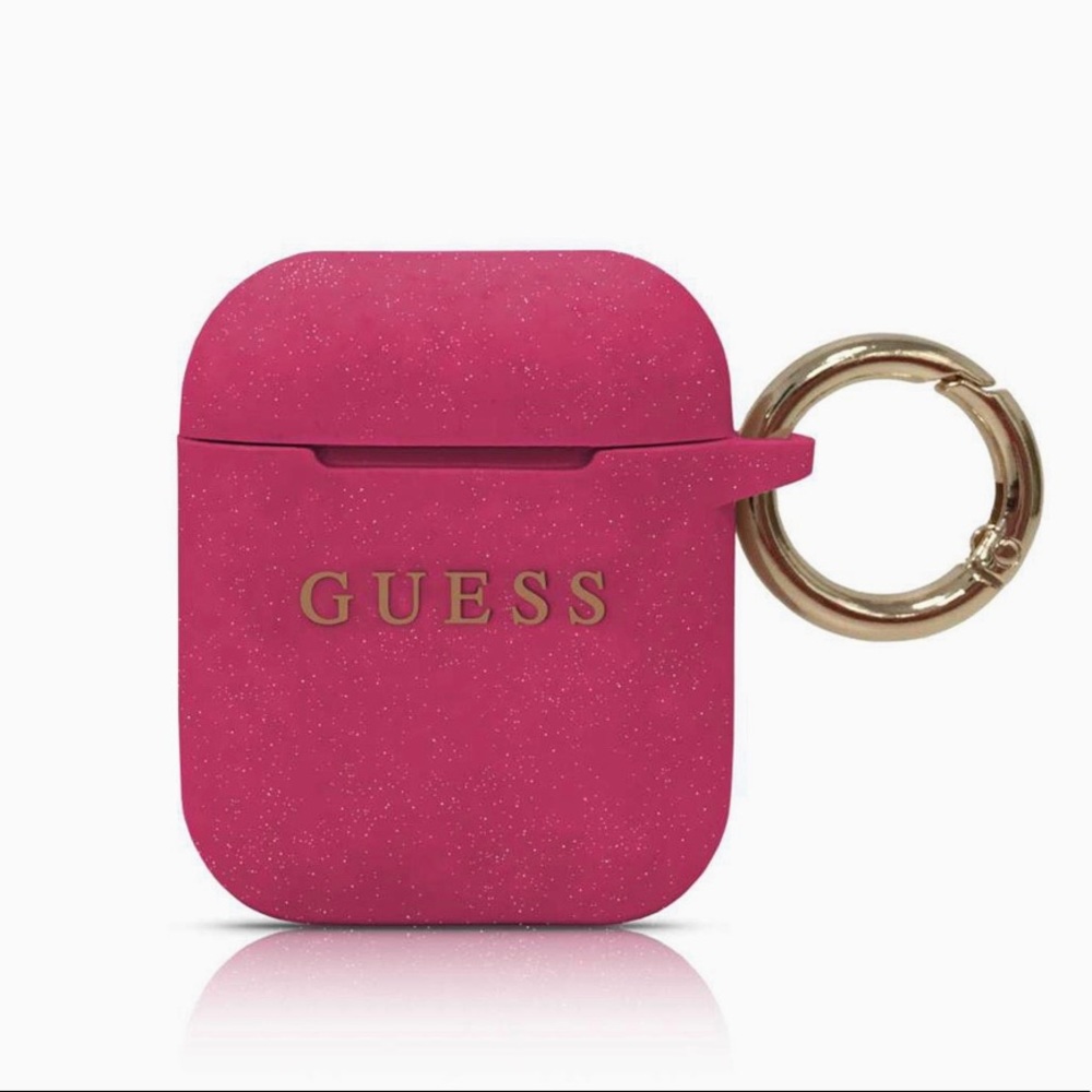 Guess Silicone Case for AirPods 1/2, Printed Logo Design with Ring, Fuchsia